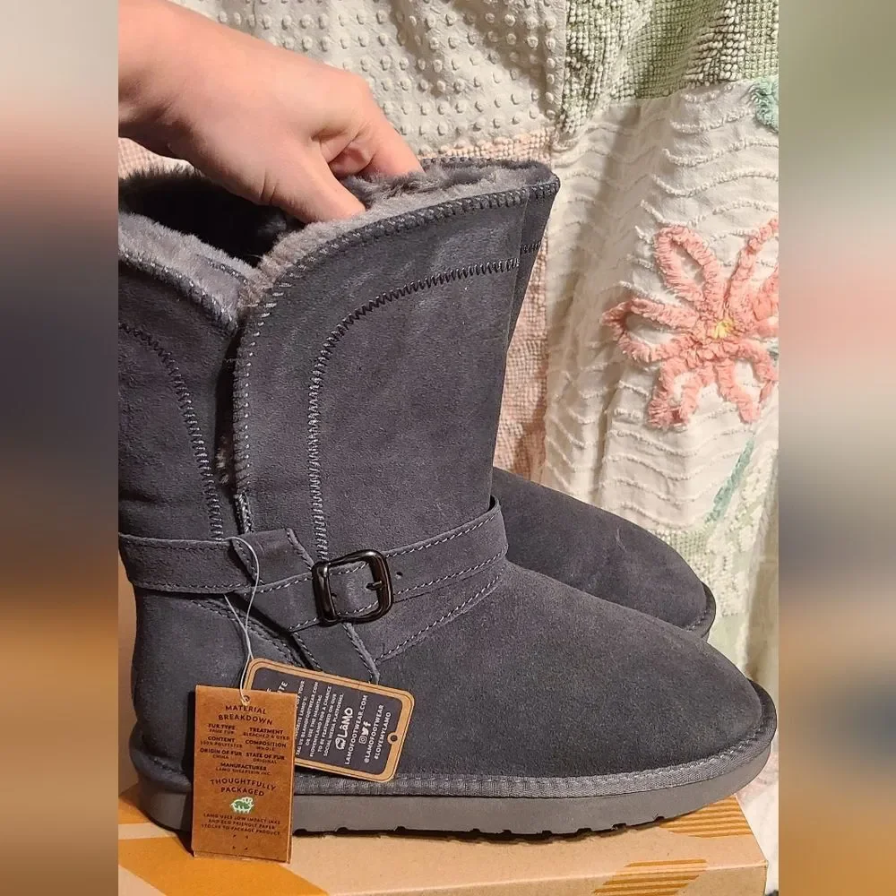 NEW LAMO UGG Like Gray Suede Shearling Sheepskin Buckle Boots 10